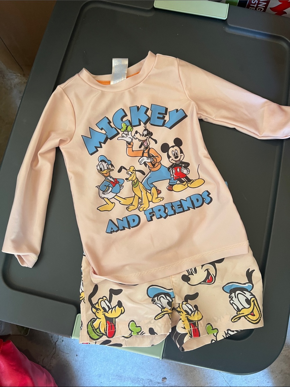 Disney Peach Mickey and Friends Rash Guard and Swim Trunks